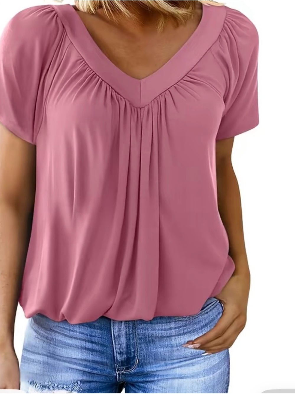 V-Neck Gathered Flutter Sleeve Blouse - Dusty Rose